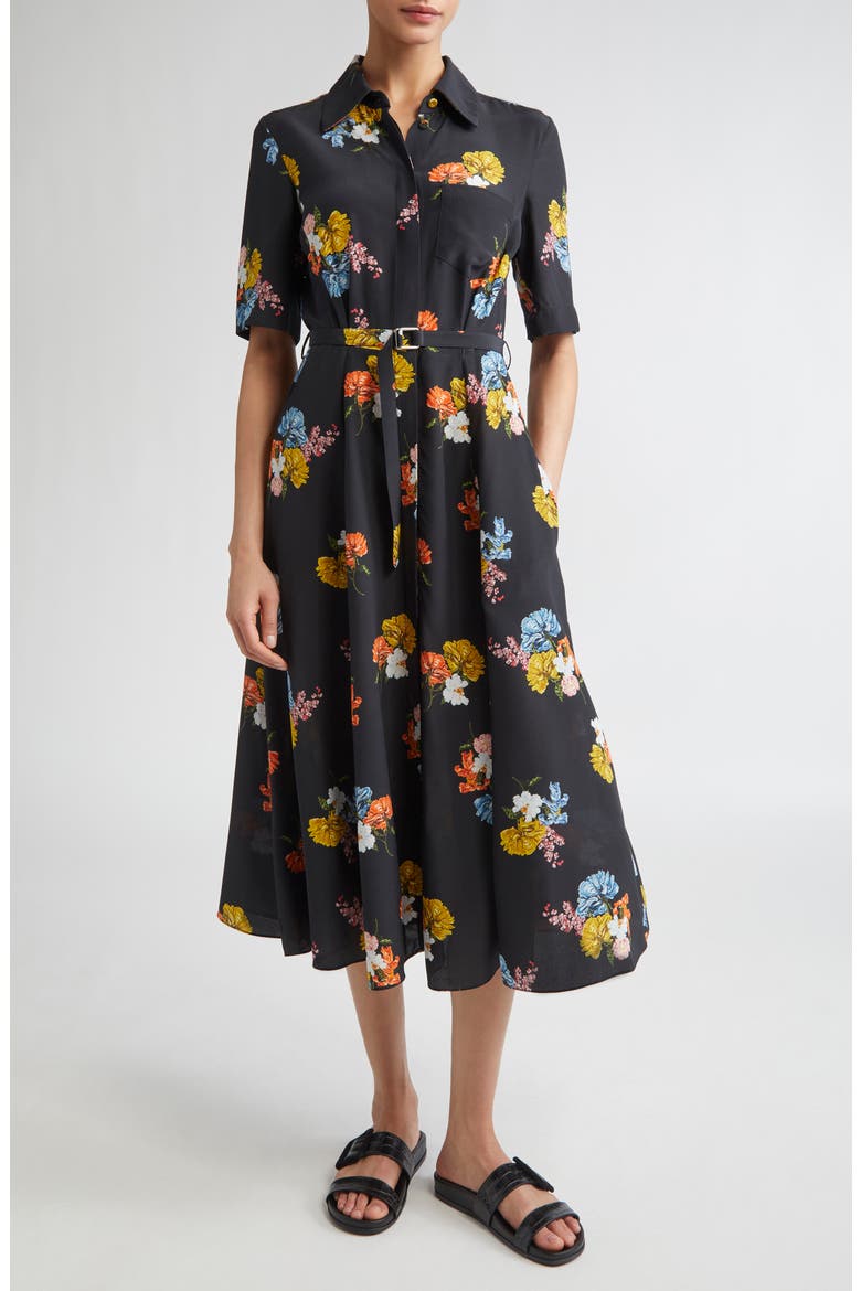Rubie Belted Cotton Poplin Shirtdress, Main, color, RETRO BOUQUET ON BLACK