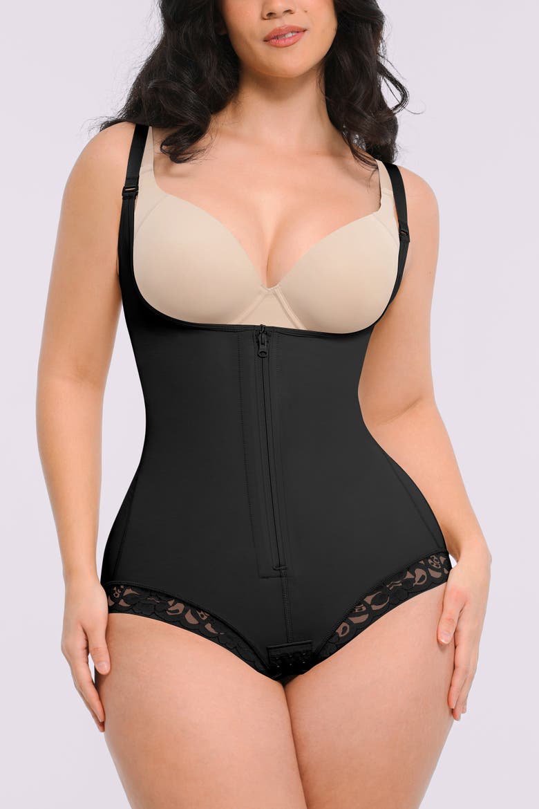 AirSlim® Zipper Front Open Bust Brief Bodysuit, Alternate, color, Jet Black