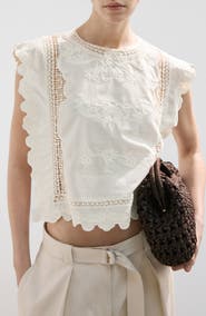MANGO Embroidered Scalloped Trim Crop Cotton Blend Top