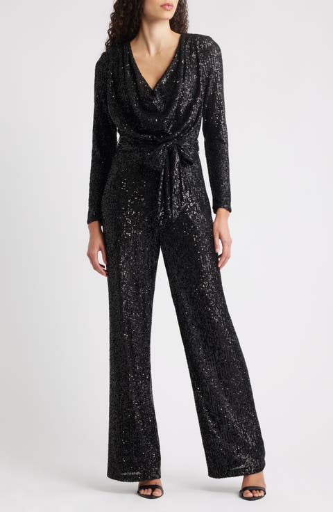 Draped Neck Long Sleeve Sequin Jumpsuit