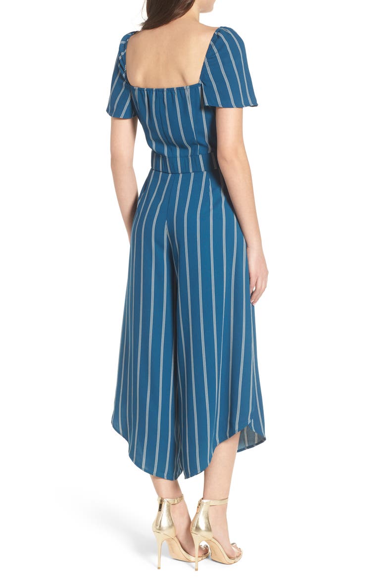 Cutout Culotte Jumpsuit, Alternate, color, TEAL SEAGATE PINSTRIPE