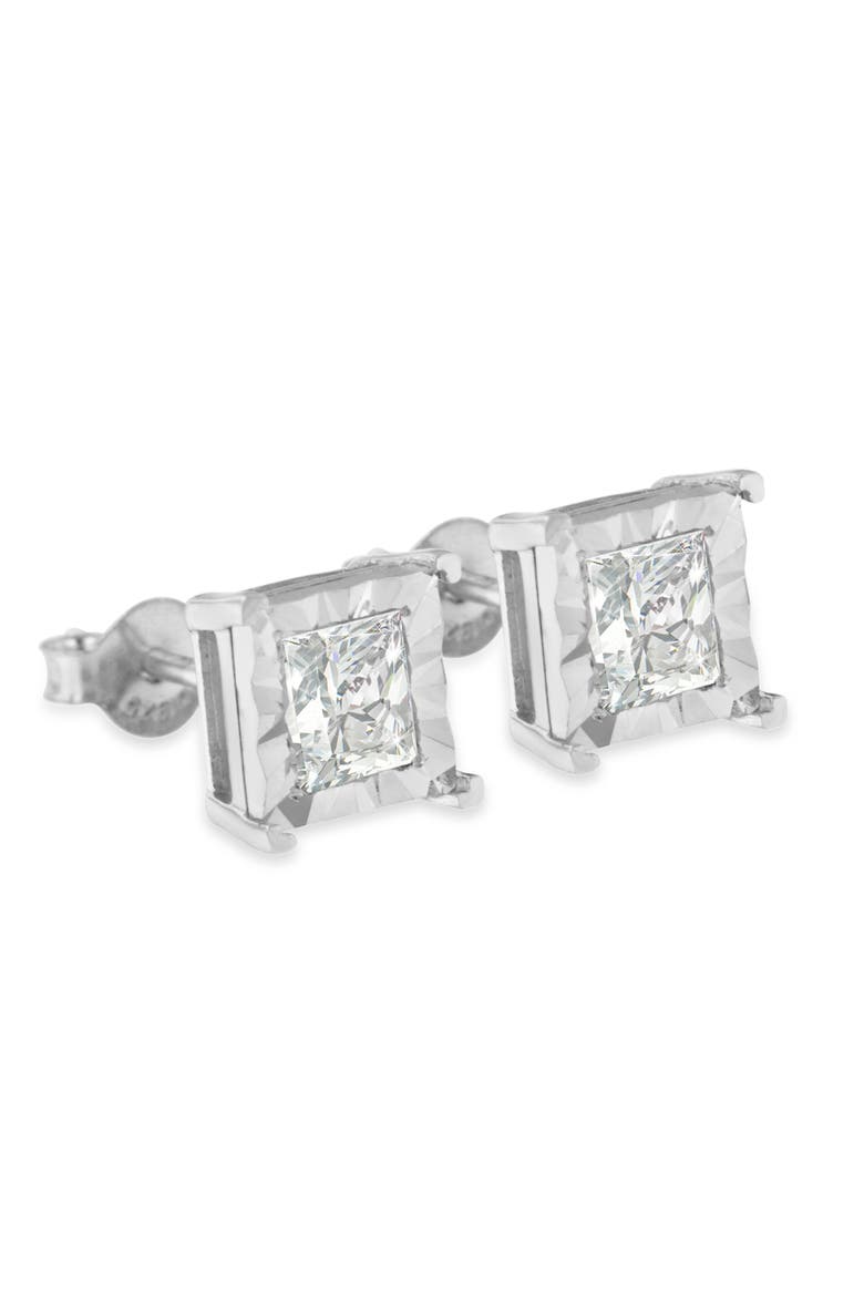 Silver 1.0 Cttw Diamond Miracle Princess Solitaire Stud Earrings, Alternate, color, White