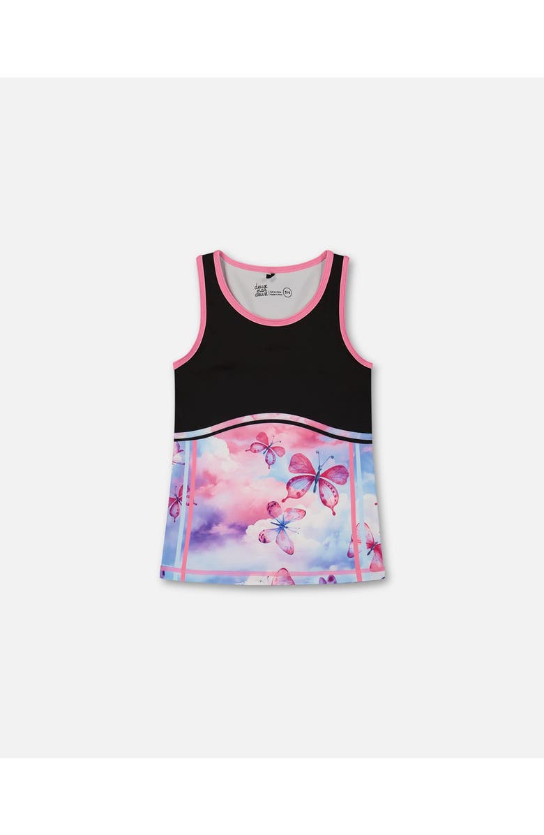 Deux par Deux Little Girl's Colorblock Athletic Tank Top Black With Butterflies Printed, Main, color, Black With Butterflies Printed