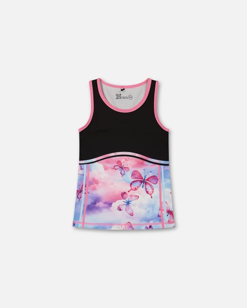 Little Girl's Colorblock Athletic Tank Top Black With Butterflies Printed