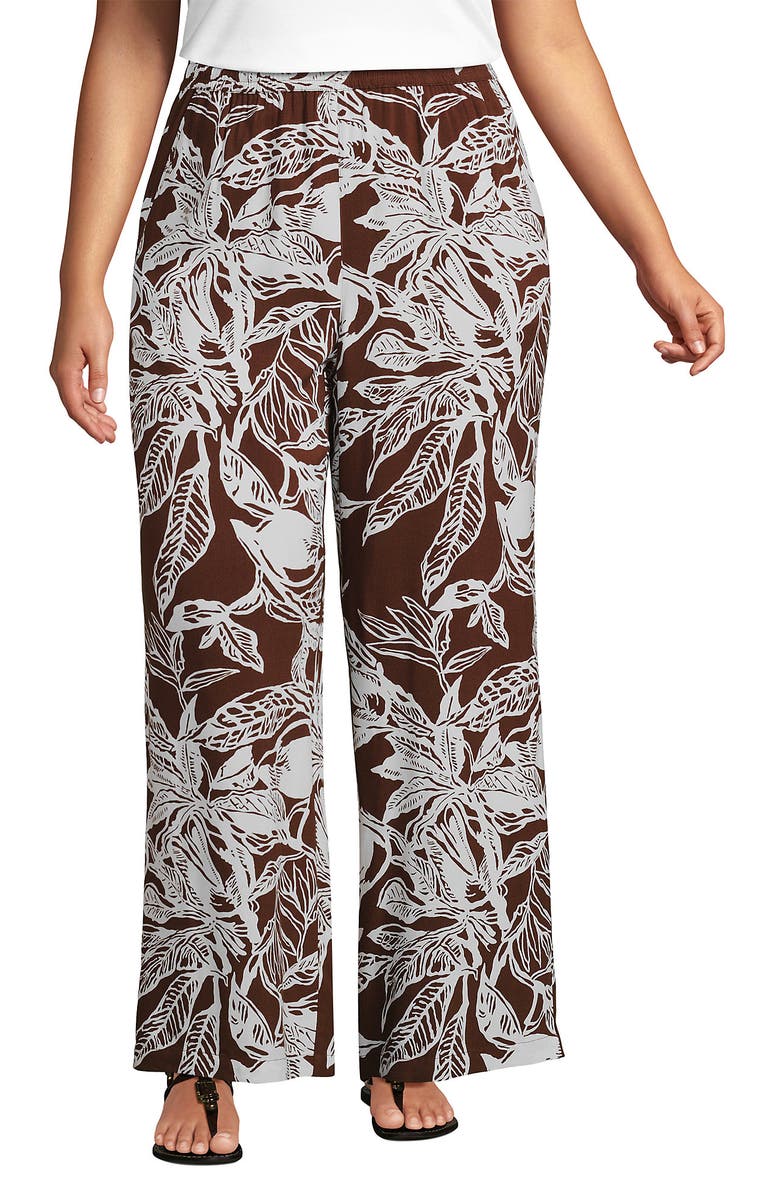 Lands' End Plus Size Rayon High Rise Wide Leg Pants - Set Bottom, Main, color, Bark/Vanilla Etched Leaves