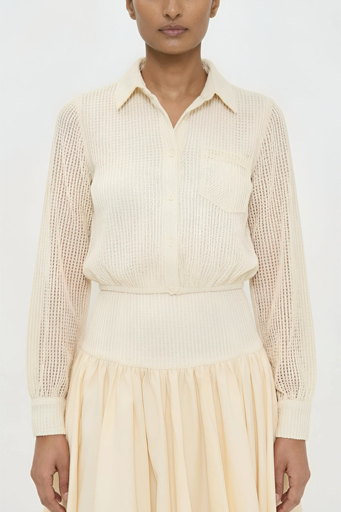 Kemi  Ivory Crochet Open Knit Collared Top