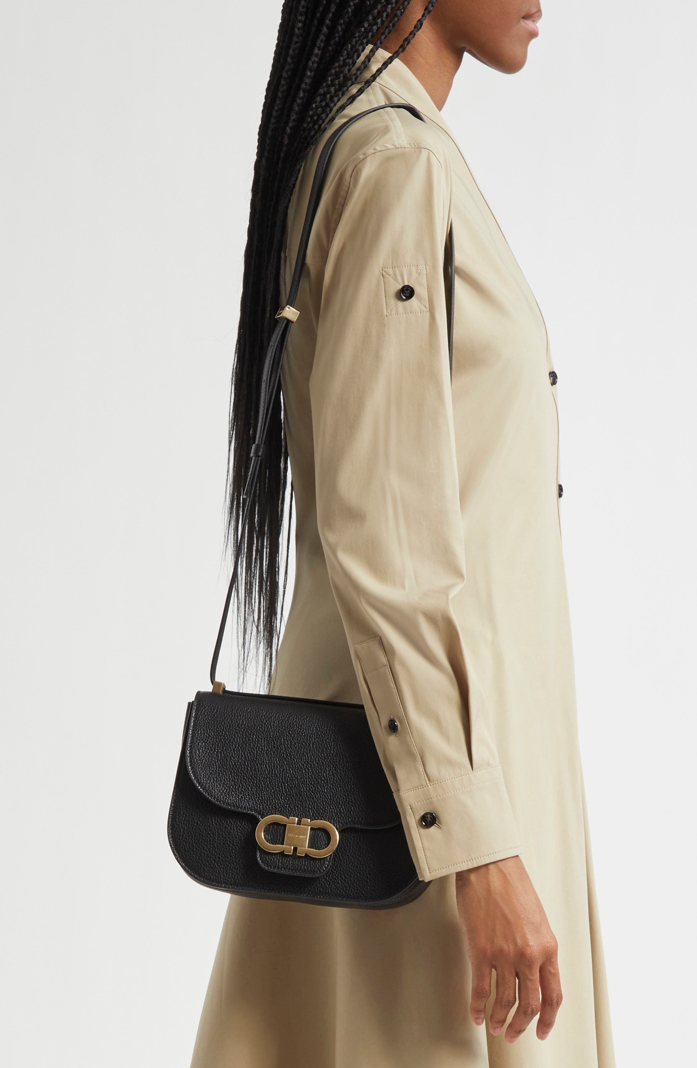 FERRAGAMO Double Gancio Leather Crossbody Bag, Alternate, color, Nero