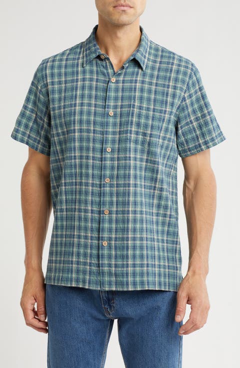 Crinkled Short Sleeve Stretch Cotton Button-Up Shirt