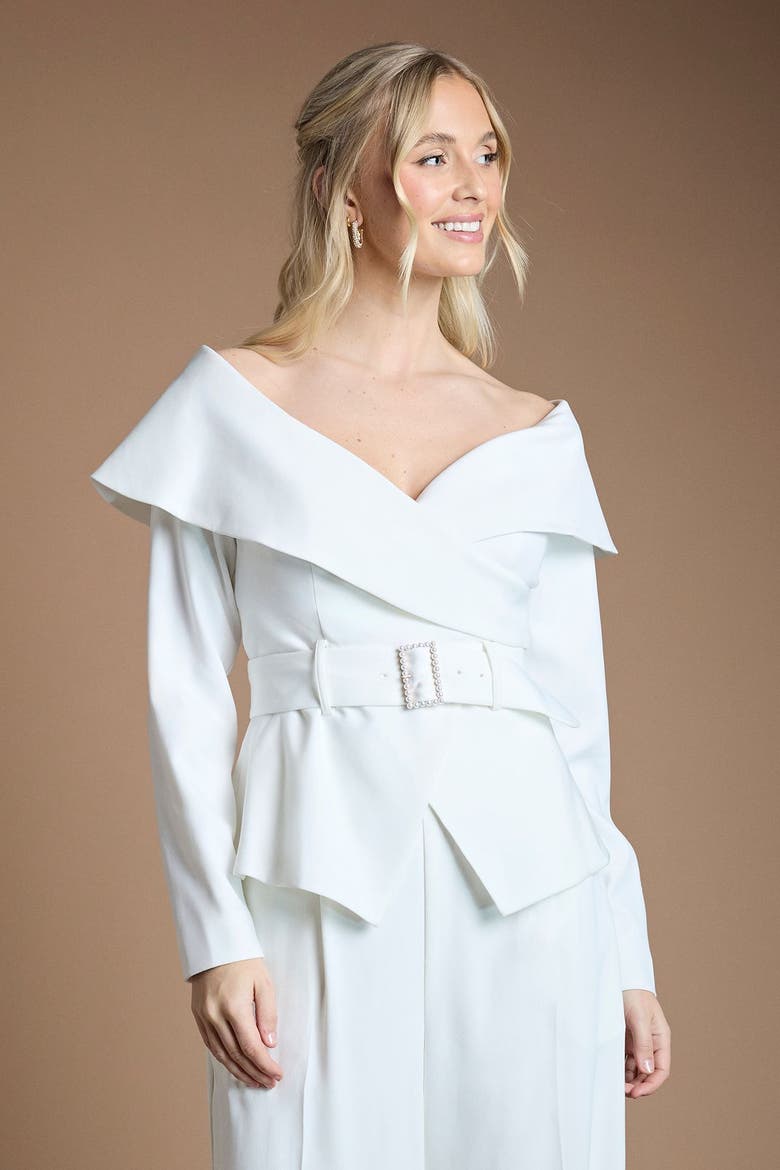 Off The Shoulder Long Sleeve Belted Top, Alternate, color, Ivory