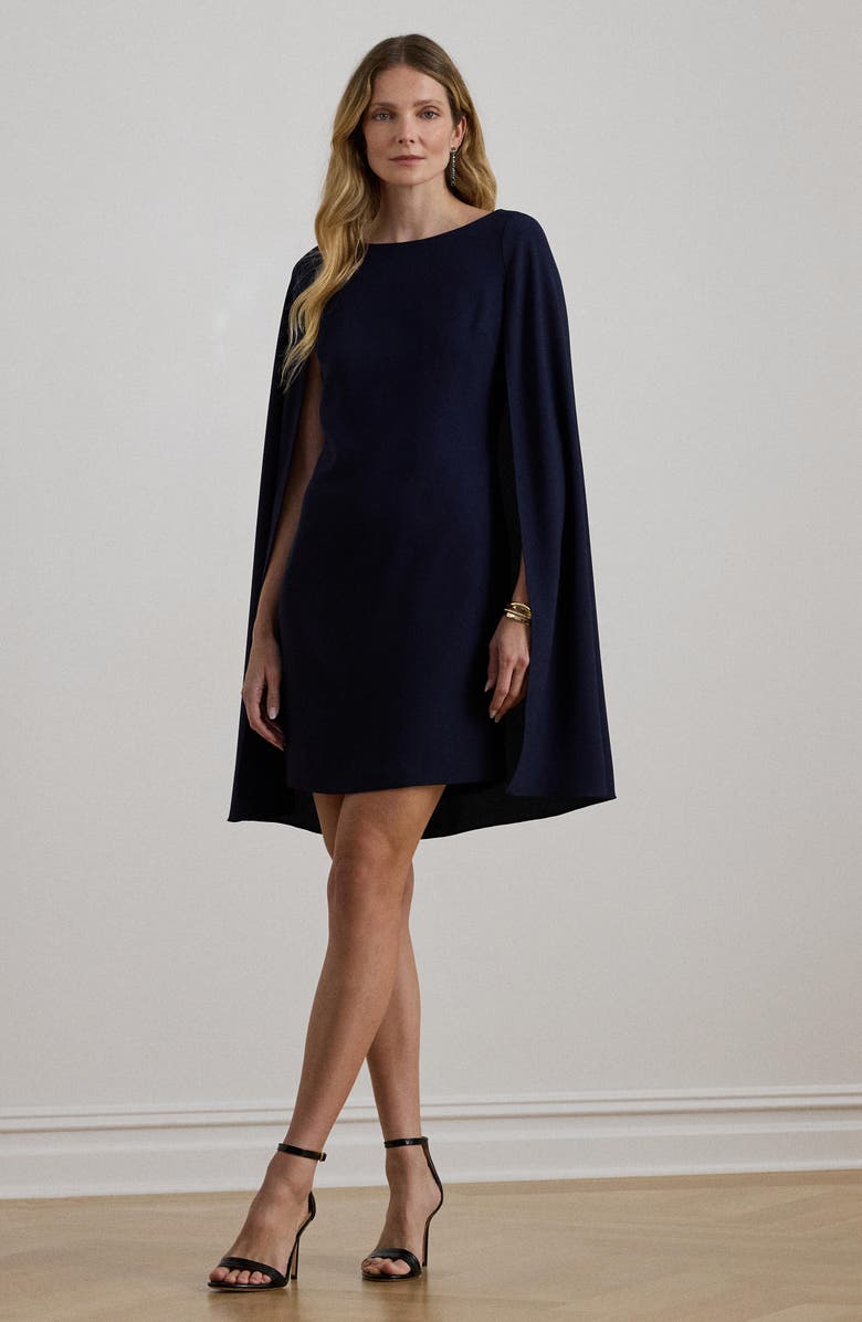 Lauren Ralph Lauren Cape Detail Georgette Cocktail Minidress, Alternate, color, Lighthouse Navy Blue