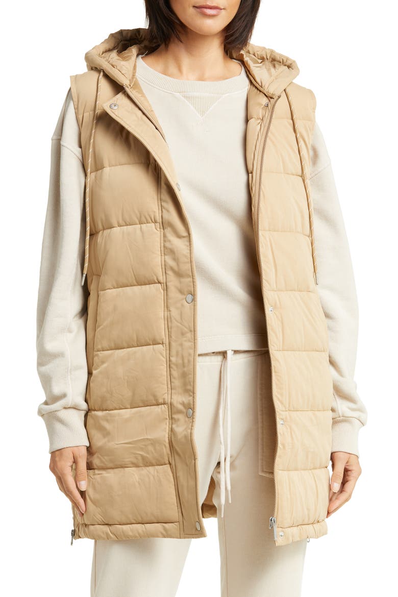 Long Hooded Puffer Vest, Main, color, TAN NOMAD