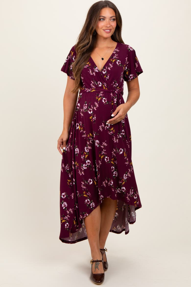Floral Short Sleeve Wrap Hi-Low Maxi Dress, Alternate, color, Burgundy