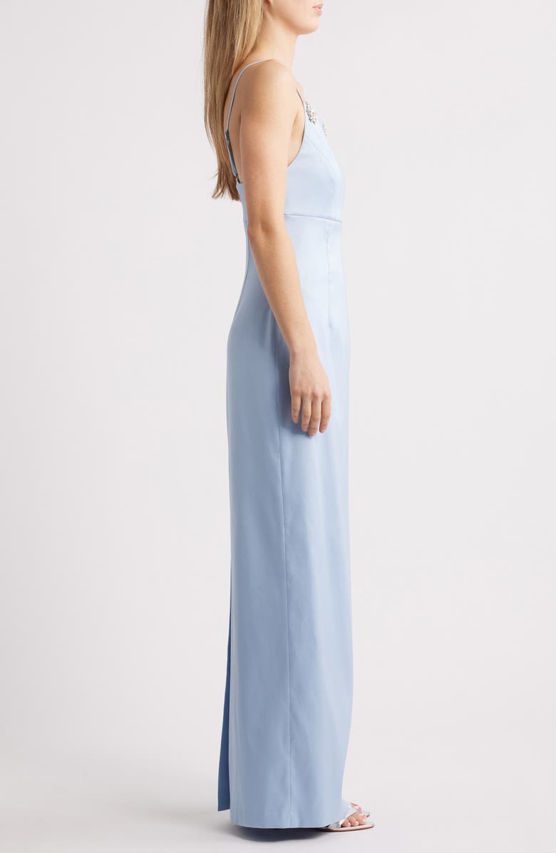 Sachin & Babi Pryce Crystal Strap Detail Vertical Stretch Mikado Column Gown, Alternate, color, Glacial Blue