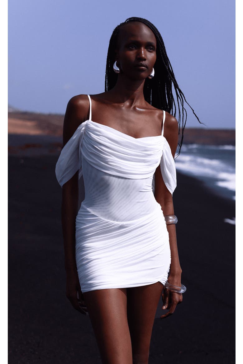 Umnia Mesh Off-Shoulder Drape Mini Dress, Alternate, color, White
