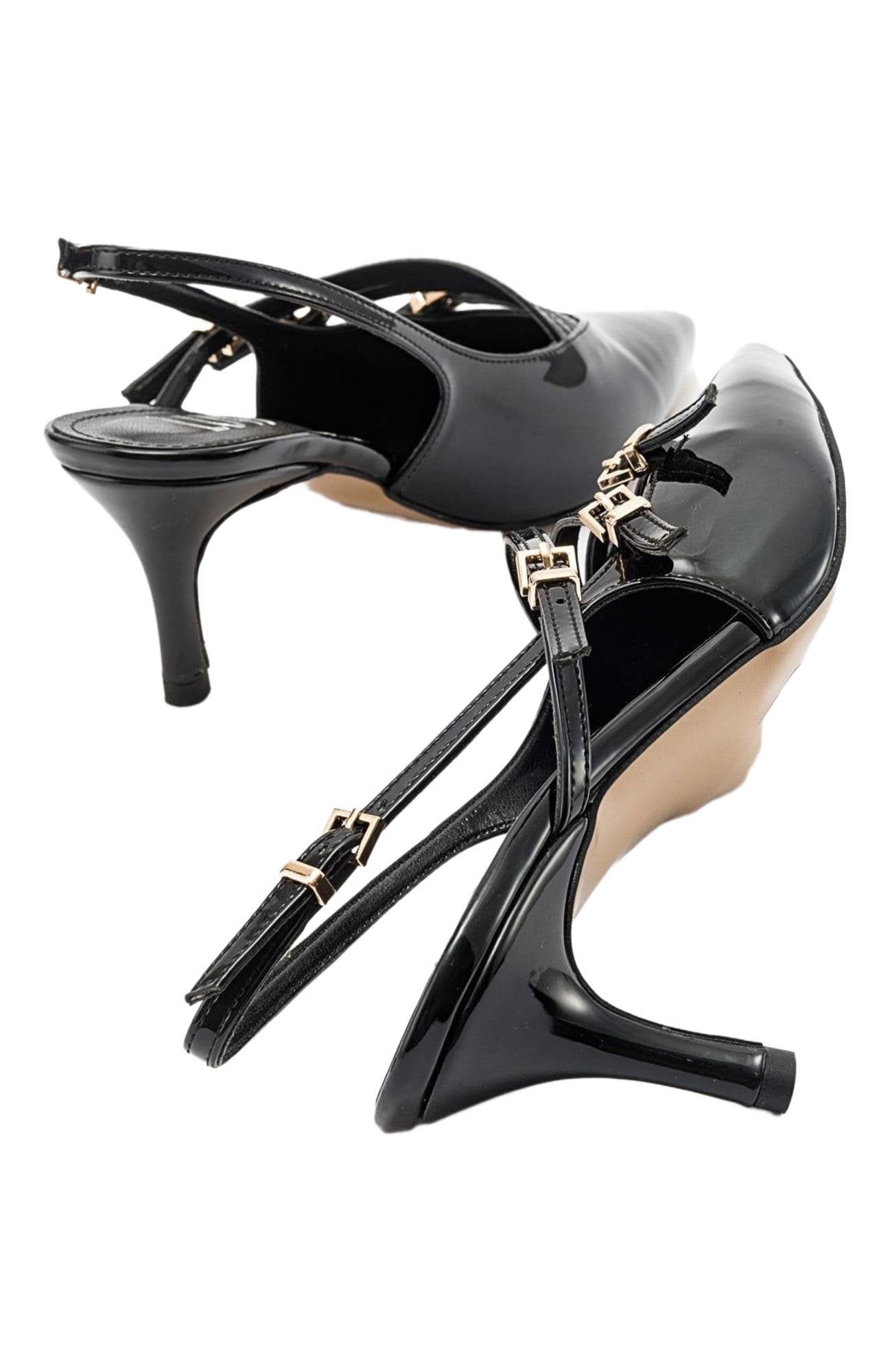 Prologue Shoes Magra Pointed-Toe Slingback Stiletto, Alternate, color, Black Patent Faux Leather