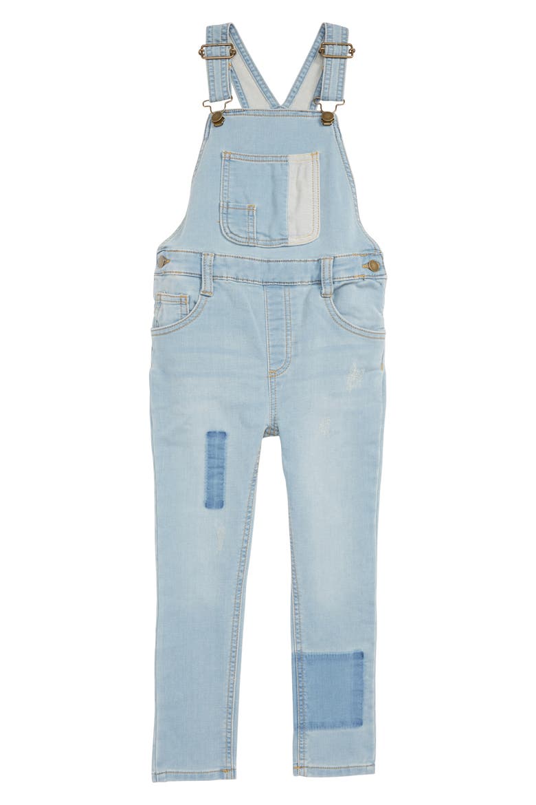 Distressed Denim Skinny Overalls, Main, color, BLUE PATCH WASH