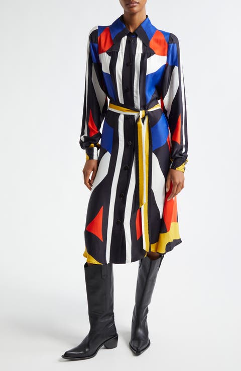 Amanda Abstract Print Long Sleeve Satin Shirtdress