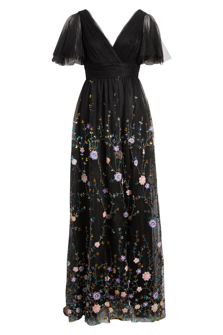 Embellished Illusion Butterfly Sleeve V Neck Gown, Alternate, color, BLACK MULTI