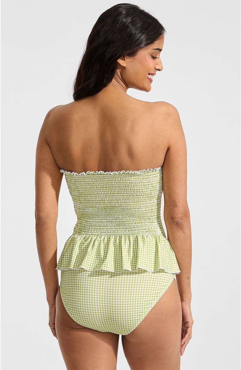 Lands' End Smocked Bandeau Peplum One Piece Swimsuit, Alternate, color, Bright Pistachio Gingham