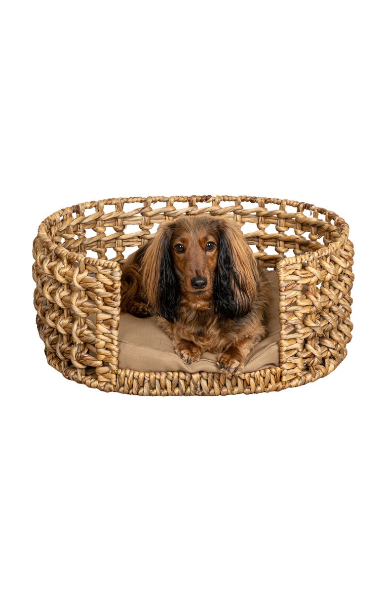 The Licker Store Gigi 24" x 18" Modern Handwoven Hyacinth Open-Weave Oval Pet Bed, Machine-Washable Cushion, Alternate, color, Natural