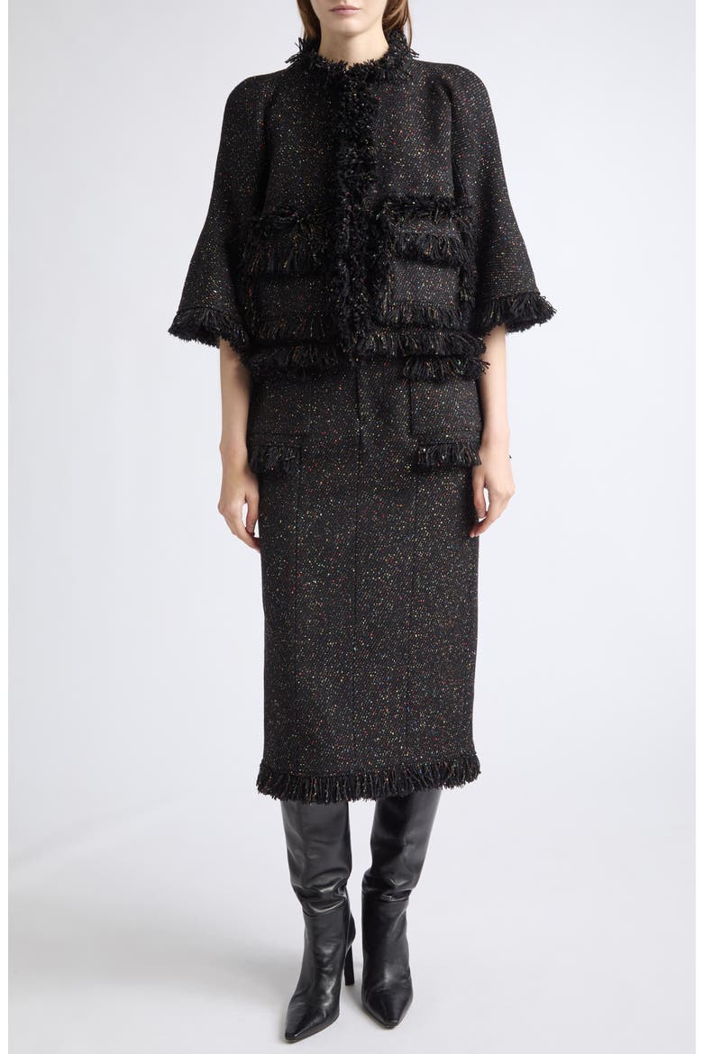Nep Tweed Fringe Midi Skirt, Alternate, color, BLACK