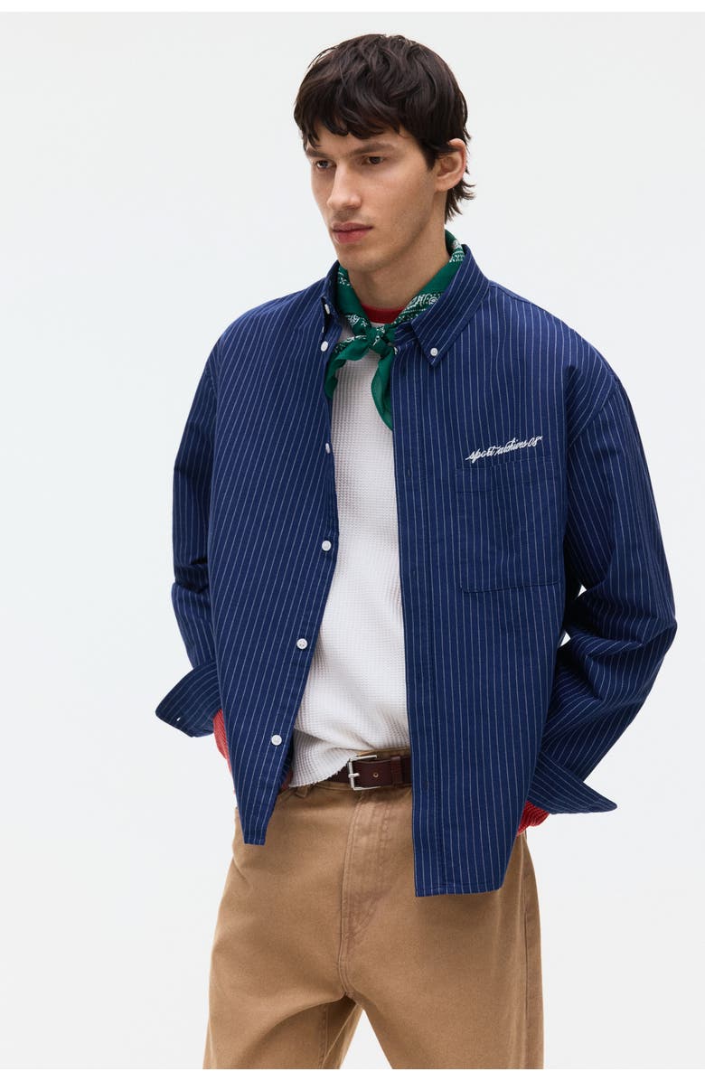 H&M Loose-fit oxford shirt, Alternate, color, Navy Blue/Striped