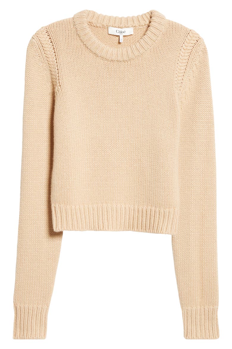 Padded Crewneck Cashmere & Cotton Crop Sweater, Alternate, color, ULTIMATE NUDE
