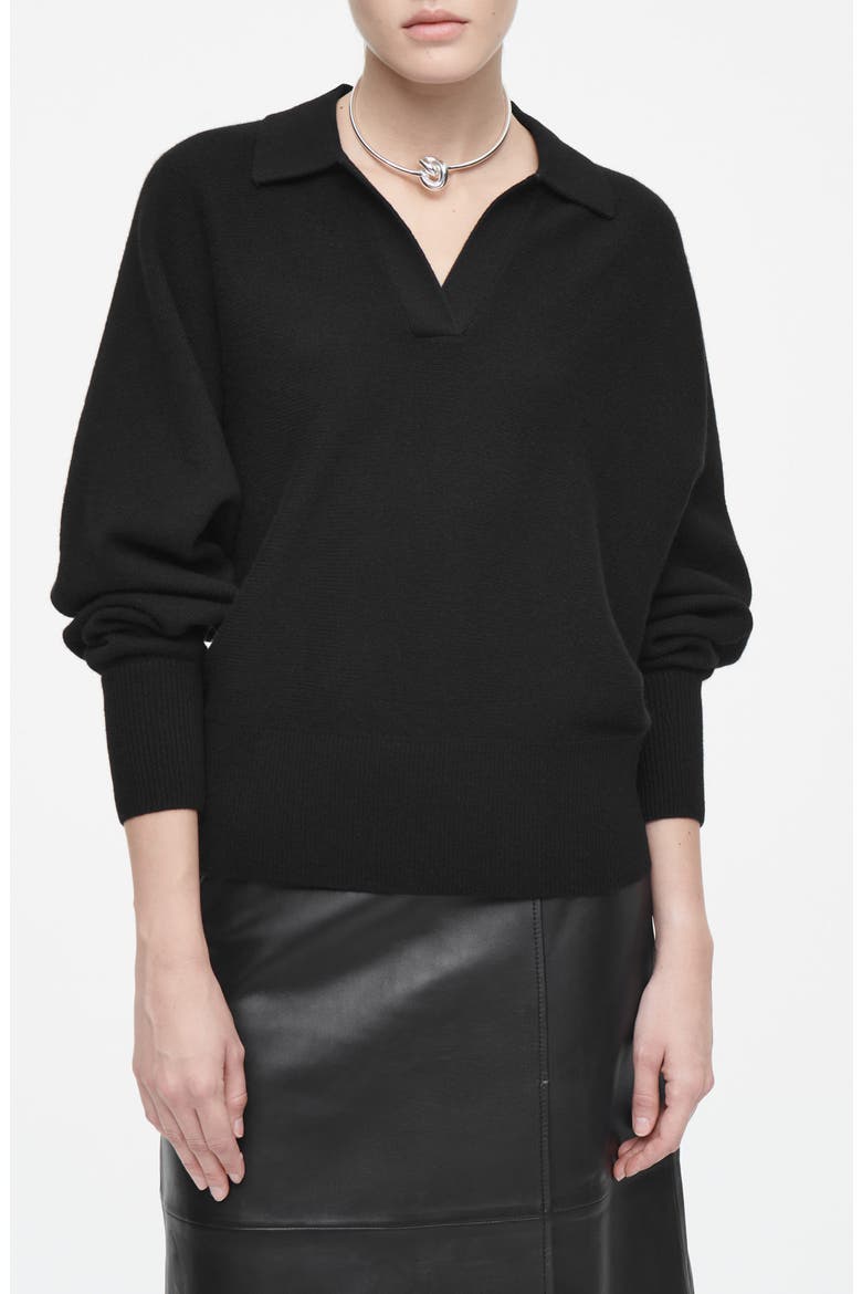 Blouson Long Sleeve Wool Polo Sweater, Main, color, BLACK DARK