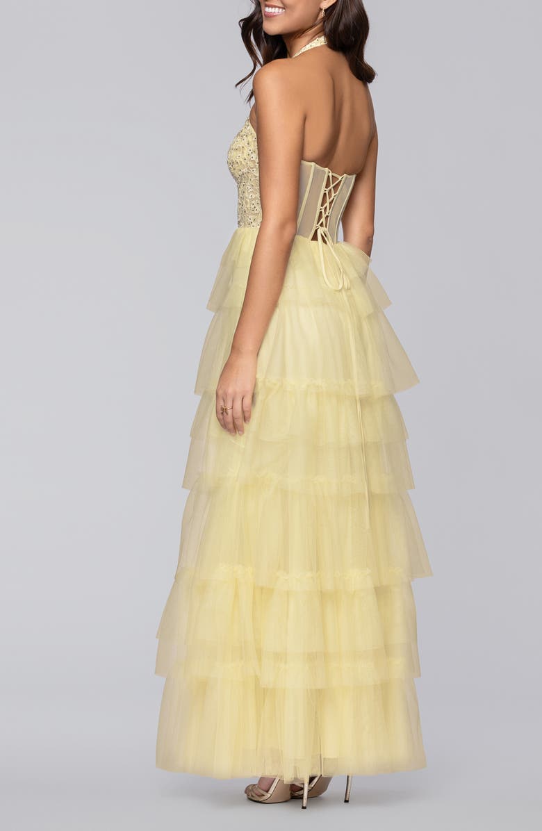 Blondie Nites Tiered Mesh Gown, Alternate, color, Yellow