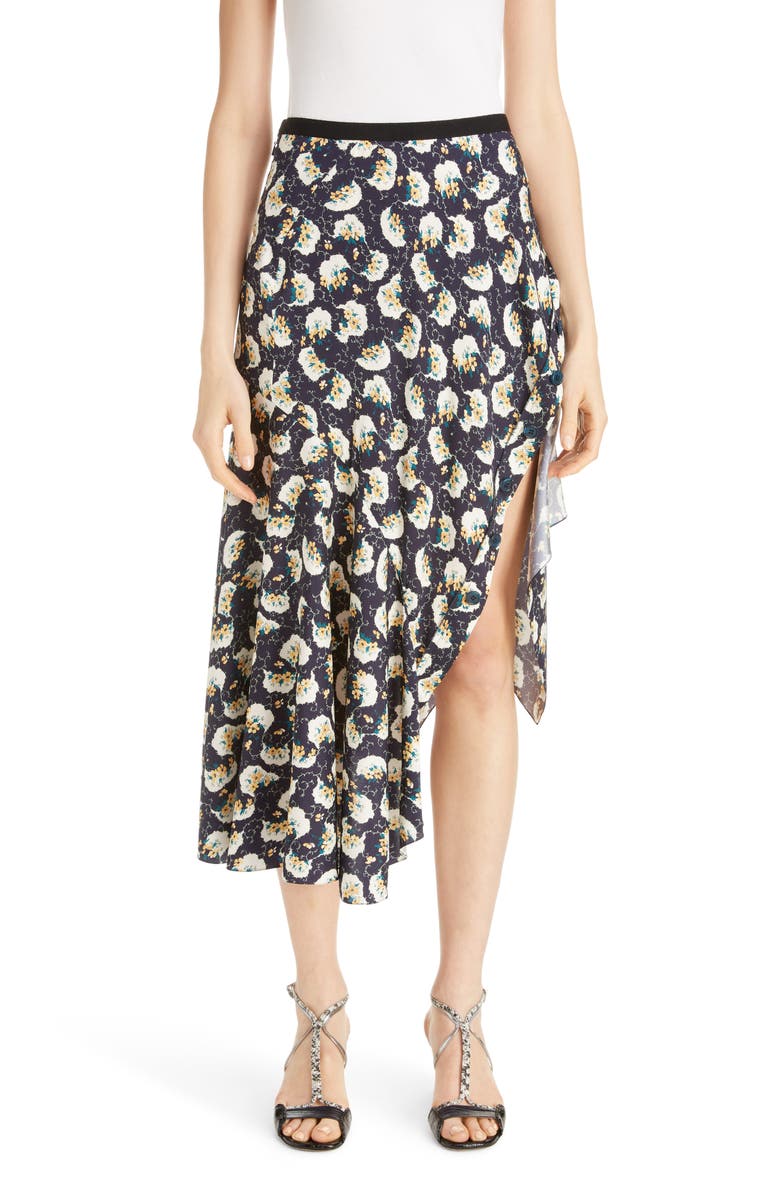Chloé Asymmetrical Floral Print Stretch Silk Midi Skirt, Main, color, 