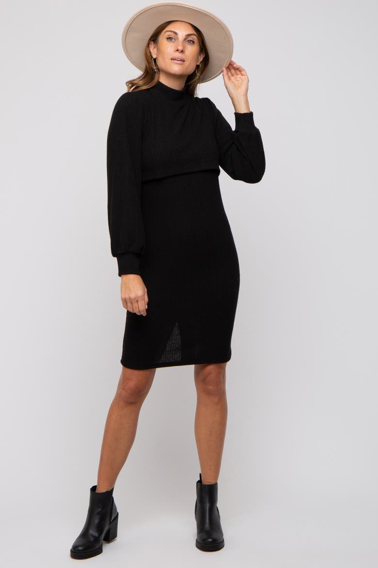 Rib Knit Mock Neck Mock Neck Nursing Dress, Alternate, color, Black