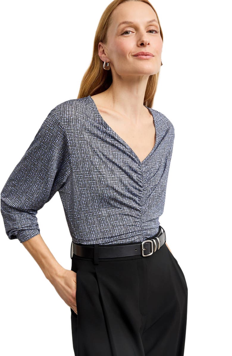 M.M.LaFleur Amina Printed Jersey Ruched Top, Alternate, color, Blueprint Sketch