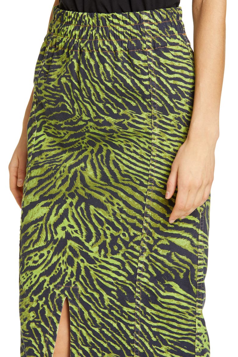 Tiger Print Denim Midi Skirt, Alternate, color, LIME TIGER