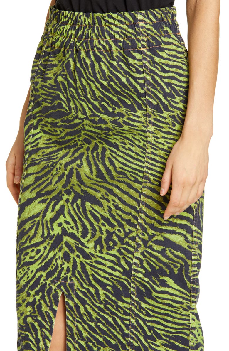 Ganni Tiger Print Denim Midi Skirt, Alternate, color,