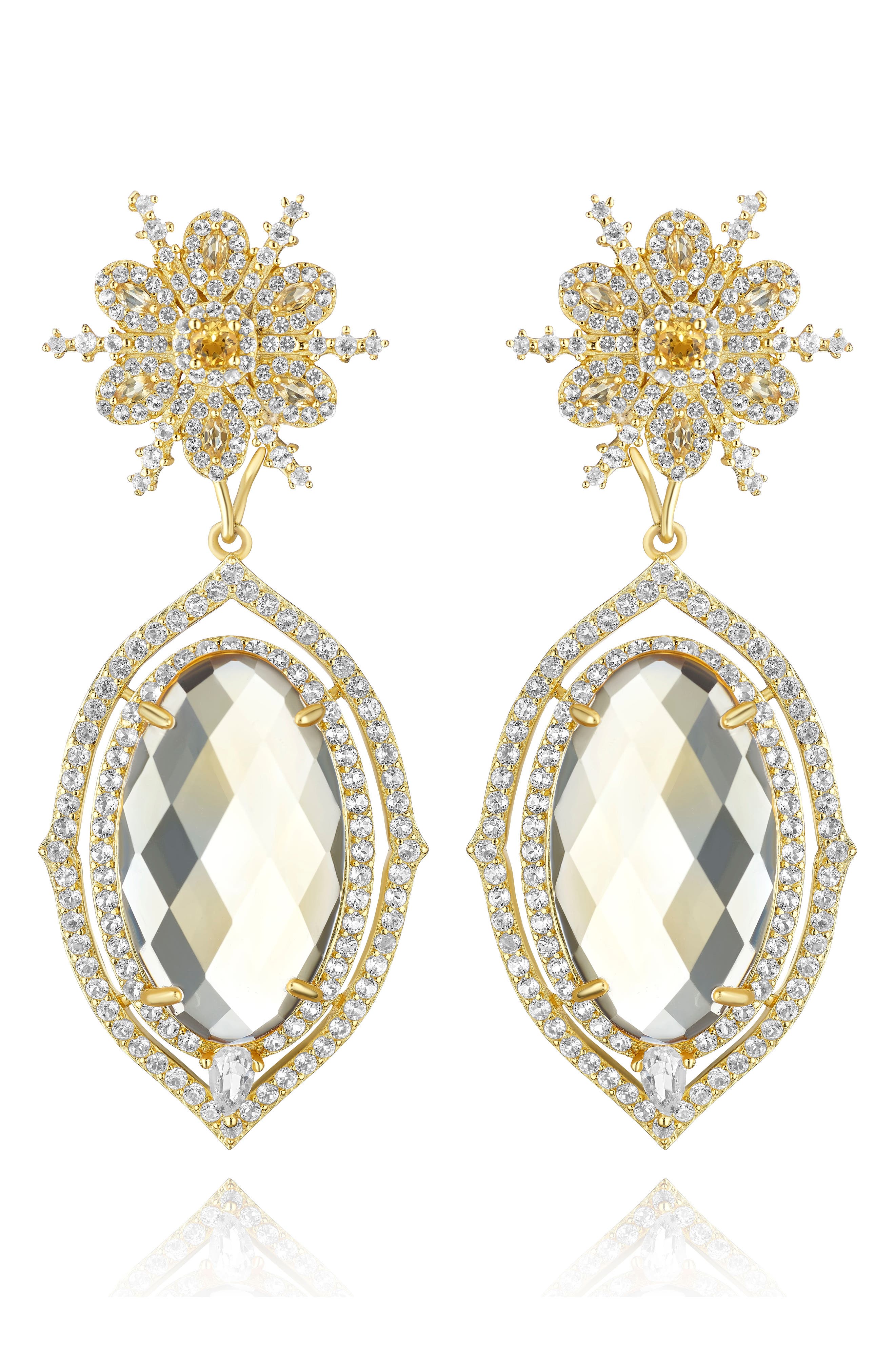 House of Frosted 14K Gold Plated Sterling Silver White Topaz & Citrine Floral Drop Earrings
