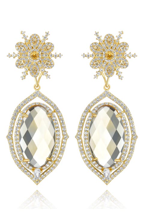14K Gold Plated Sterling Silver White Topaz & Citrine Floral Drop Earrings