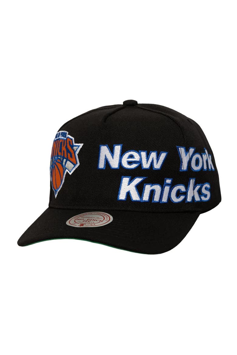 Men's Mitchell & Ness  Black New York Knicks Busted Logo Wordmark Wrap-Around Pro Pinch Adjustable Hat, Main, color, Black