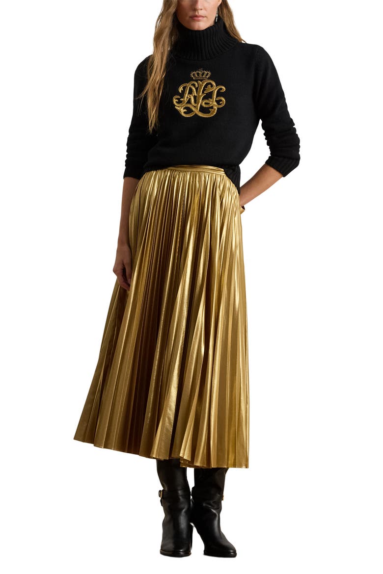 Pleated Metallic Chiffon Midi Skirt, Alternate, color, RELIC GOLD/ GOLD FOIL