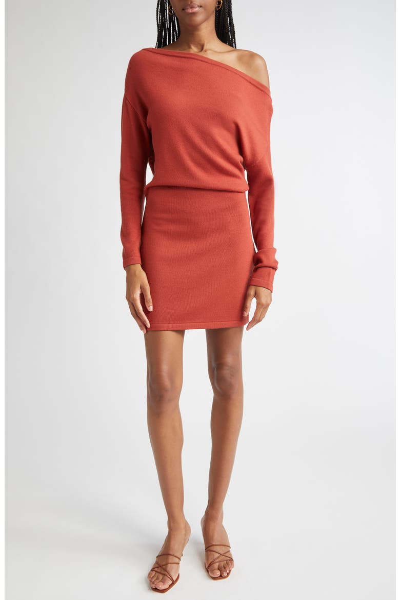 Chance One-Shoulder Long Sleeve Wool Sweater Minidress, Main, color, RED AMBER