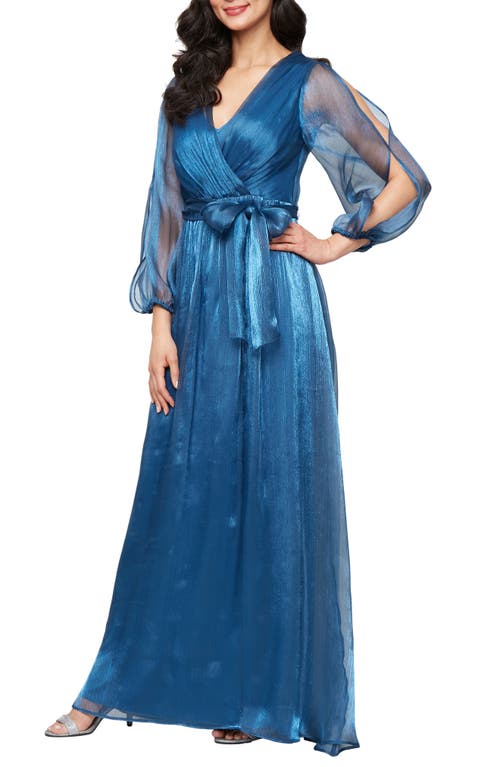 Alex Evenings Metallic Long Sleeve Chiffon Gown In Blue
