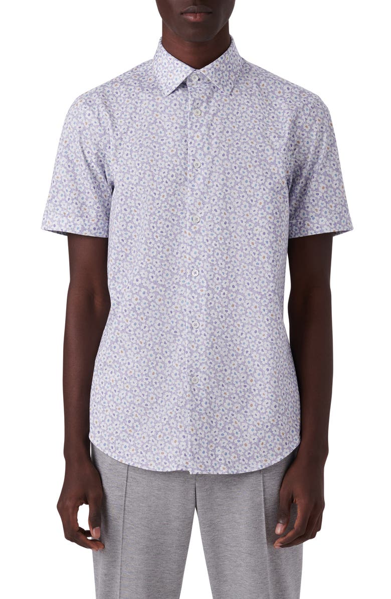 Bugatchi Miles OoohCotton<sup>®</sup> Floral Short Sleeve Button-Up Shirt, Main, color, Lilac