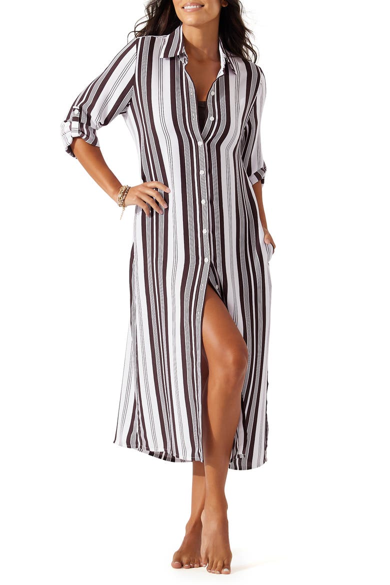 Tan Lines Stripes Cover-Up Shirtdress, Main, color, DOUBLE CHOCOLATE