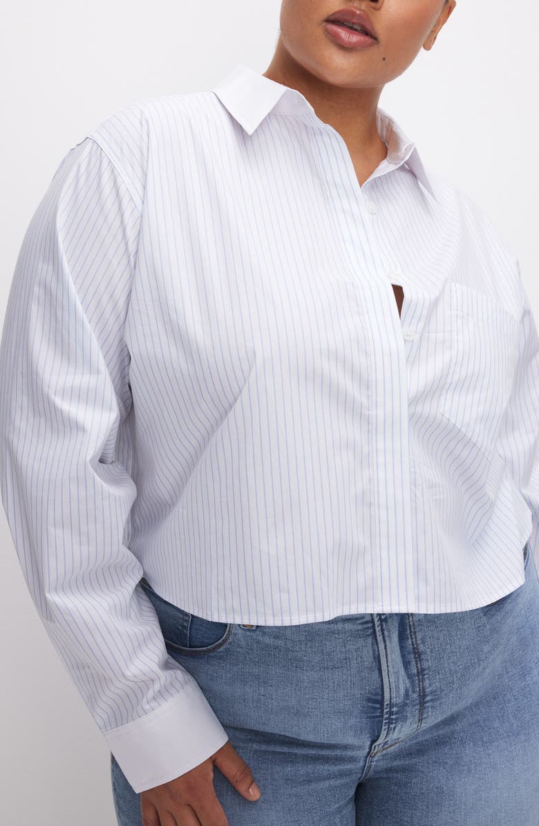 Good American Stripe Crop Button-Up Shirt, Alternate, color, Good Blue Stripe001