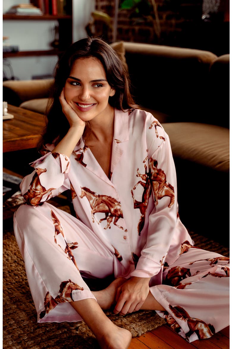 Print Satin Pajamas, Alternate, color, PEACH