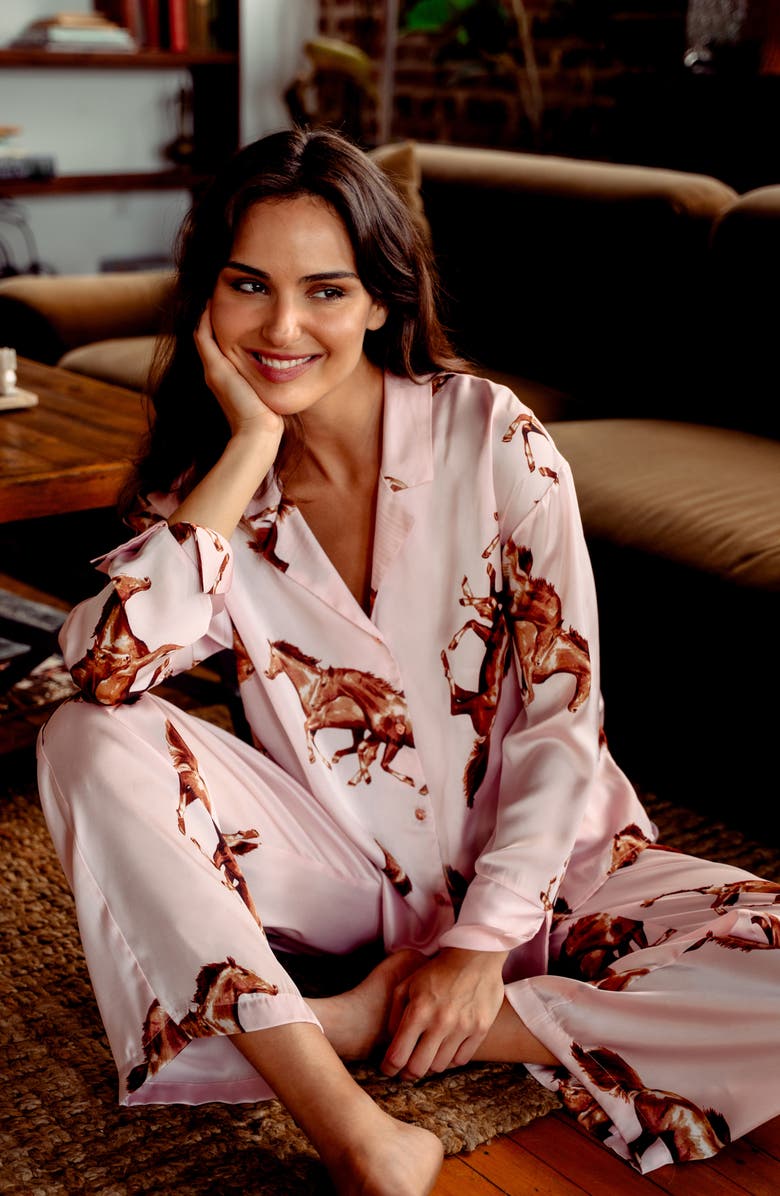 Midnight Bakery Print Satin Pajamas, Alternate, color, Peach
