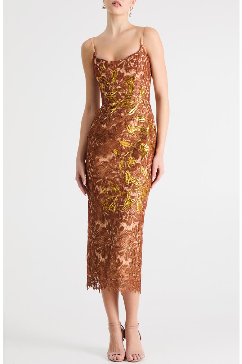 Sequin Lace Overlay Cocktail Midi Dress, Main, color, COPPER