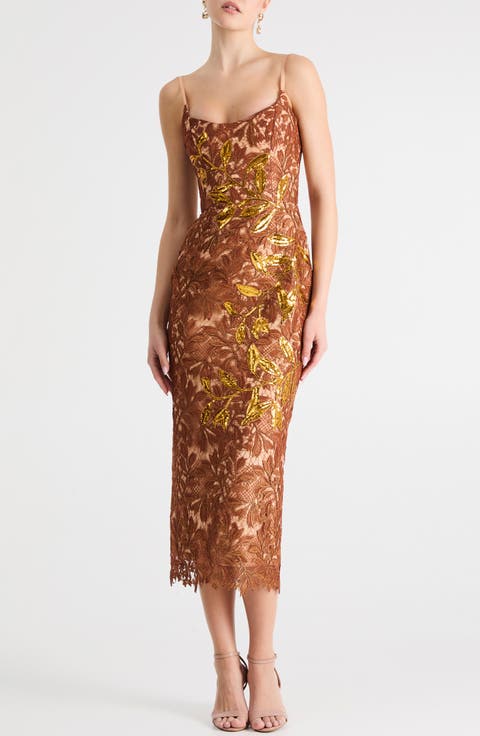 Sequin Lace Overlay Cocktail Midi Dress