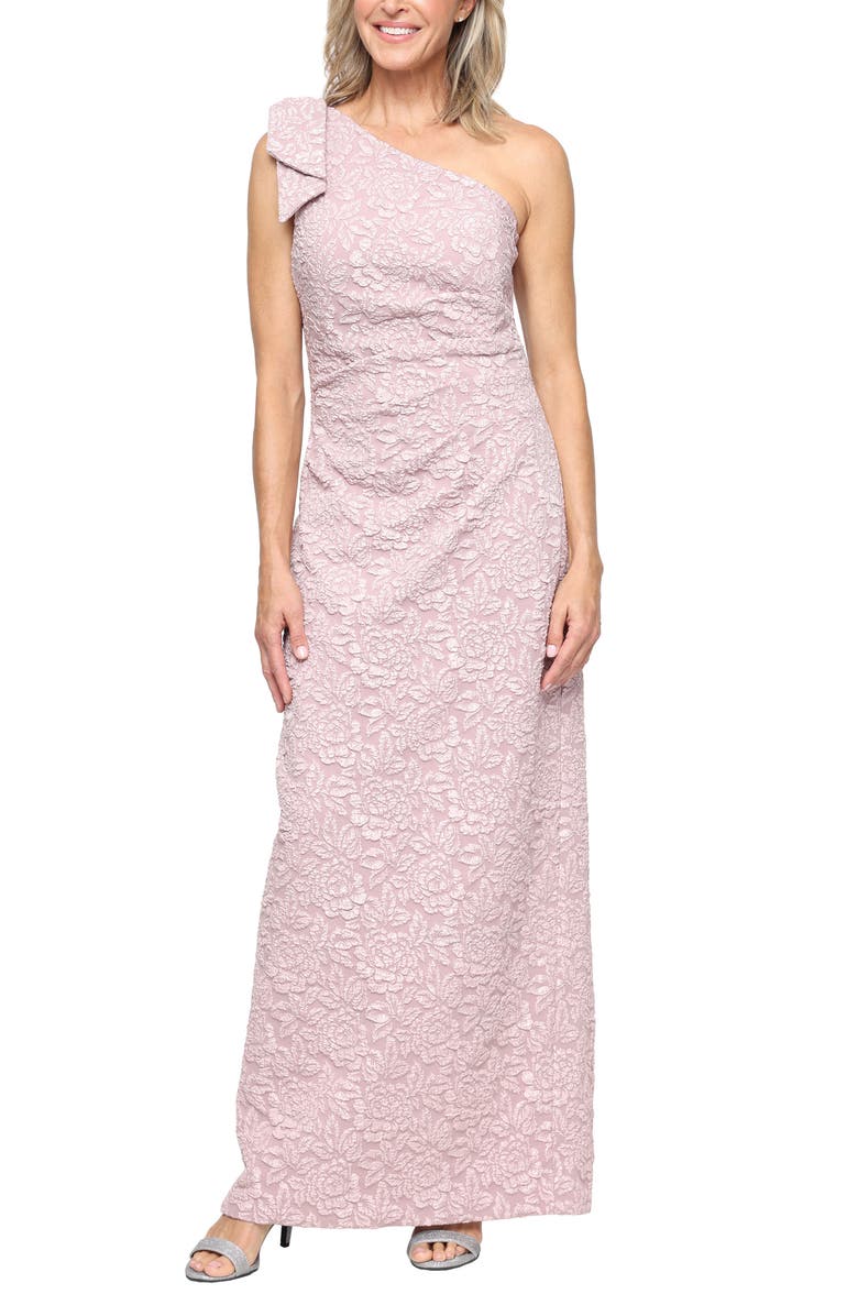 Alex Evenings One-Shoulder Floral Crepe Column Gown, Main, color, Blush