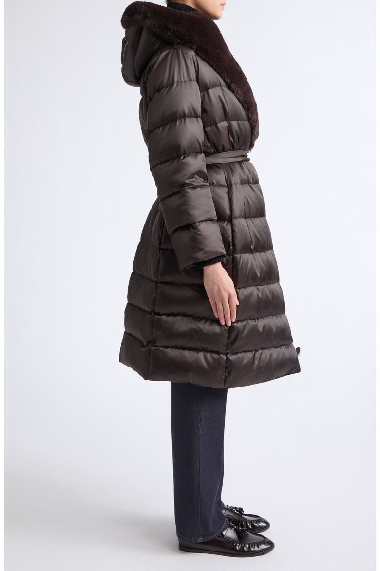 Medusa Belted Puffer Coat with Faux Fur Trim, Alternate, color, BROWN