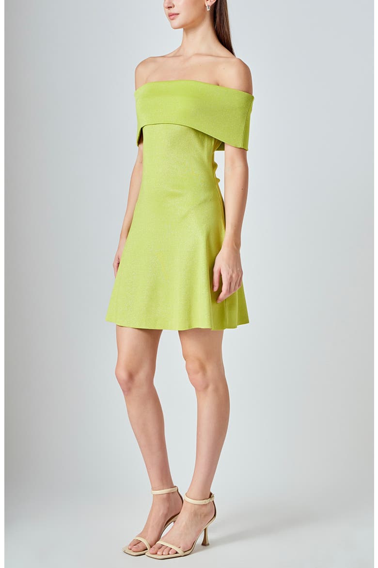 Metallic Off the Shoulder Knit Minidress, Alternate, color, LIME GREEN